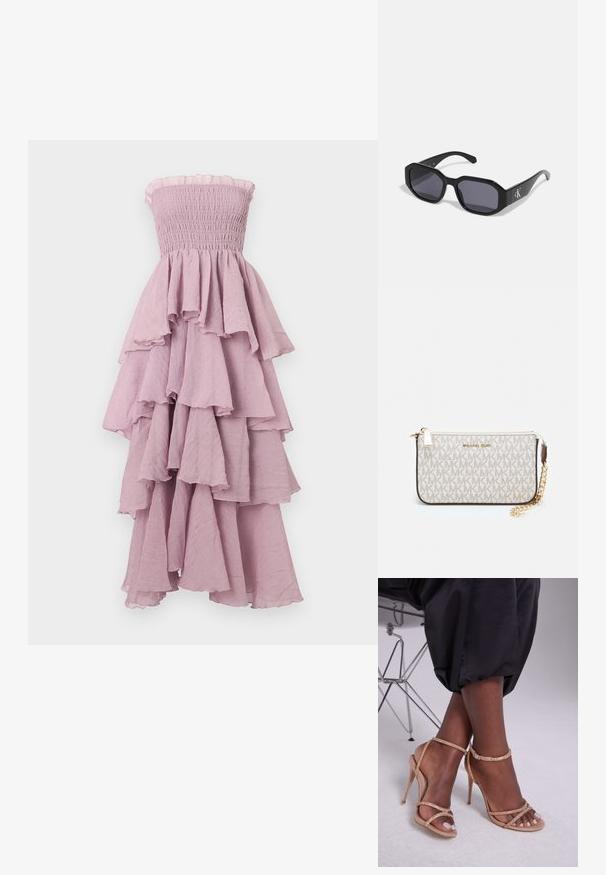 Šaty bez ramienok z fialkového smockovaného materiálu s vrstvenými volánmi, prúdiacou textúrou a rozšíreným lemom; ľahký materiál.; Béžové sandále na opätku s kryštálovými ozdobami, s otvorenou špičkou, tenkými popruhmi a elegantným siluetou.; Čierne slnečné okuliare s osemhranným rámom, tmavými šošovkami, lesklým plastovým materiálom a strieborným logom na jednej strane.; Michael Kors zápästná taška v béžovej potiahnutej plátenej tkanine s opakujúcim sa vzorom loga MK, zlatým kovania a odnímateľným reťazovým popruhom.; Zlaté kovové náušnice s vlnitým dizajnom; hladký, reflexný povrch; asymetrický tvar; žiadne viditeľné vzory alebo hardvér.