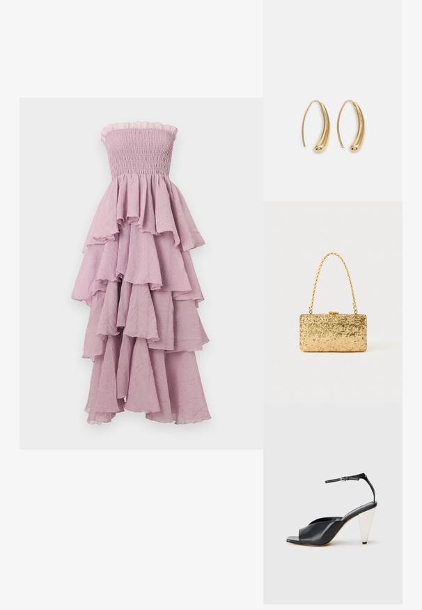 Uten stropp, smocked lavendelkjole med lagdelte volanger, flytende tekstur og flagrende kant; lett materiale.; Svart lær høyhælte sandaler med åpen tå, asymmetrisk design, ankelstropp og en metallisk kjegleformet hæl. Glatt tekstur hele veien.; Gullfarget paljetter clutch med rektangulær form, utstyrt med en tvunnet kjedehåndtak og en metallspenne, som reflekterer lys med en teksturert overflate.; Gullfargede metalløredobber med en buet, forlenget form. Har en jevn, blank overflate og en avrundet tupp for ekstra detaljer.