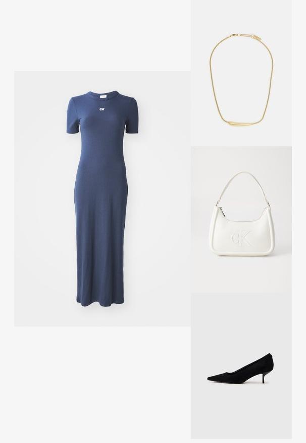 Tamsiai mėlynas šonkaulinis mezginys su prigludusia siluetu, trumpomis rankovėmis ir apvaliu iškirpimu. Papuoštas mažu logotipu krūtinėje.; Juodas zomšinis aukštakulnis batus su smailiu kojų pirštu ir plonu, žemu kulnu. Lygi tekstūra su elegantišku dizainu, be matomų metalinių detalių.; Balta odinė rankinė su išlenkta forma, su reljefiniu "CK" logotipu priekyje ir viena petneša. Užtrauktuko uždarymas viršuje.; Auksu padengta apyrankė su lygiu, įgaubtu centriniu akcentu. Pasižymi lankstoma grandinėle su vėžlio užsegimu ir papildomais reguliuojamais grandinėlių ryšiais.