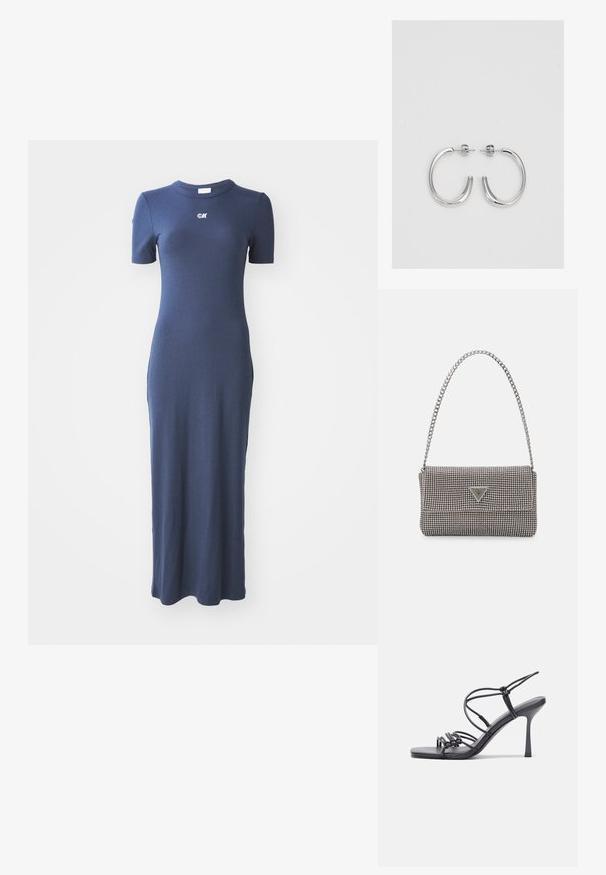 Tamsiai mėlynas šonkaulinis mezginys su prigludusia siluetu, trumpomis rankovėmis ir apvaliu iškirpimu. Papuoštas mažu logotipu krūtinėje.; Juodos aukštakulnės sandalai pasižymi plonyčiais dirželiais su mazgo dizainu, lygiu kvadratiniu pirštu ir elegantišku stiletto kulnu.; Šviesiai pilka metalinė rankinė su grandinėlės dirželiu, papuošta mažais apvaliais metaliniais smeigėmis ir trikampiu prekės ženklu.; Sidabrinės auskarai žiedai su lygiu, blizgiu paviršiumi. Suapvalinta forma, lengvas dizainas, su uždarymu ant smeigtuko.