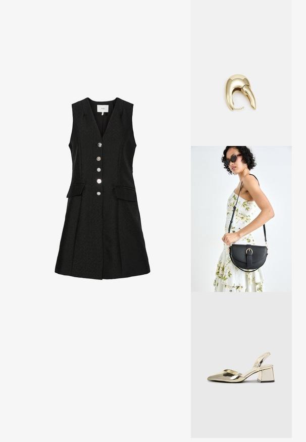 Melnā bezpiedurkņu kleita ar V veida kaklu, kas aprīkota ar pieciem metalizētiem pogām, divām priekšējām kabatām un kuplu svārku dizainu. Tekstūras audums.; Zeltaini, metāla kurpes ar siksniņām, norakans purngalis un masīla papēdis. Gluda tekstūra, minimālisma dizains un šaura siksna.; Melnas ādas rokassoma ar izliekta formu, noņemamu siksnu un zelta aksesuāriem. Somai ir vāciņš ar sprādzes detaļu.; Zeltīti metāla auskari ar gludu, izliekta dizaina. Ar atšķirīgu smailu formu, pulētu virsmu un eņģu aizdari.