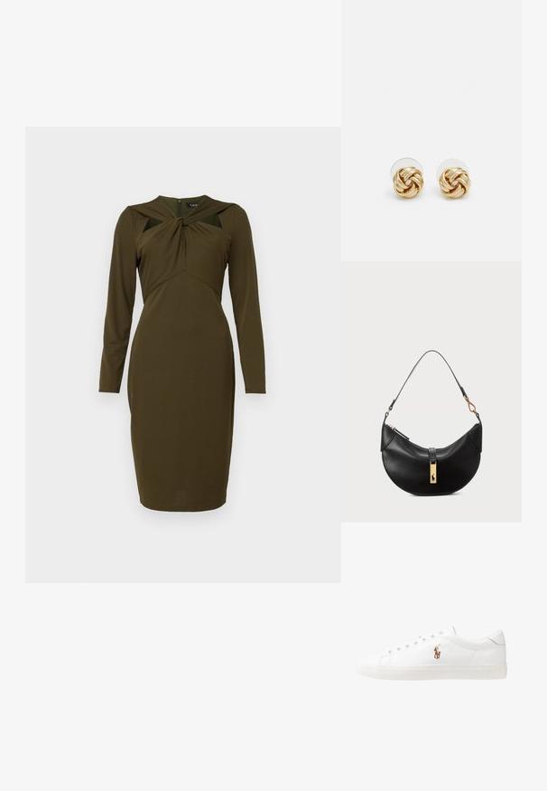 Ελιξίδα πράσινη φόρεμα φτιαγμένο από απαλό ύφασμα, με μακριά μανίκια, σχεδίαση τυλιγμένου μπούστου και φωτισμένο φερμουάρ στην πλάτη. Στυλ μεσαίου μήκους.; Λευκά δερμάτινα sneakers, χαμηλού σχεδιασμού, με απαλή υφή, στρογγυλή μύτη, δέσιμο μπροστά και μικρό κεντημένο λογότυπο στο πλάι.; Μαύρη δερμάτινη τσάντα χειρός σε σχήμα μισού φεγγαριού. Διαθέτει χρυσή μεταλλική λεπτομέρεια και στενό λουρί. Απαλή υφή, κλείσιμο με φερμουάρ στην κορυφή.; Σκουλαρίκια σπιράλ σε χρυσό τόνο με πλεγμένο σχέδιο. Κάθε σκουλαρίκι διαθέτει κυκλική διαφανή βάση για ασφαλή εφαρμογή.