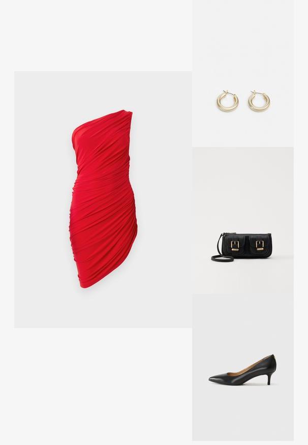 Röd enkelaxlad klänning gjord av samlad tyg, med en rynkad textur och figurnära design som framhäver kurvor.; Svart läderpumps med spetsig tå, låg klack och slät yta. Har en liten öppning framtill och minimal hårdvara bak.; Svart läderaxelväska med två framfickor, guldspännen, dragkedjestängning och en smal rem. Texturerad yta och kompakt rektangulär form.; Lauren Ralph Lauren BASIC SMALL HOOP - Örhänge - gold-coloured