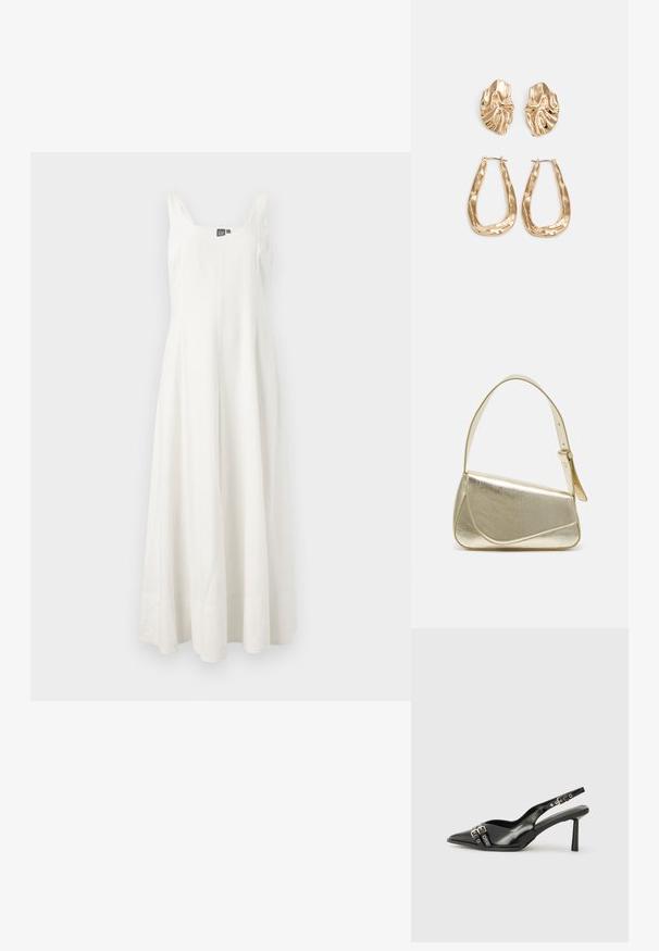 Valge, ilma käisteta maksikleit, mis on valmistatud kerge kangaga, omab istuvat rinda ja voolavat seelikut, minimalistliku disainiga ja ilma nähtavate mustriteta.; Must musta nahk kingad sanga ja terava ninaga, ankle strapidega, millel on hõbedased pandlad ja riistvara ning õhuke konts.; Kuldmetallist käekott, millel on struktureeritud disain, sile tekstuur ja reguleeritav rihm. Omab ainulaadset kolmnurkset kuju ja minimalistlikku õmblust.; Kuldse värvi kõrvarõngad, mis on kaunistatud tekstuursete ja laineliste kujunditega. Komplektis on skulpturaalsed klamber kõrvarõngad ja avatud rõngasdisain, millel on lõhestatud viimistlus.