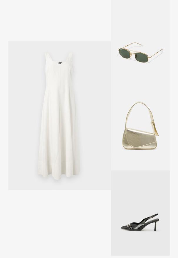 Bílé, bezramínkové maxi šaty vyrobené z lehké látky, s přiléhavým korzetem a splývavou sukní, s minimalistickým designem a bez viditelných vzorů.; Černá lakovaná slingback obuv s špičatou špičkou, kotníkovými pásky s kovovými sponami a příslušenstvím, a štíhlým podpatkem.; Zlaté sluneční brýle s zelenými skly, vyznačující se ostrým tvarem a štíhlými nohami. Design zahrnuje tenký rám a decentní branding na skle.; Zlatá metalická kabelka se strukturovaným designem, hladkým povrchem a nastavitelným popruhem. Disponuje unikátním trojúhelníkovým tvarem a minimalistickým prošitím.