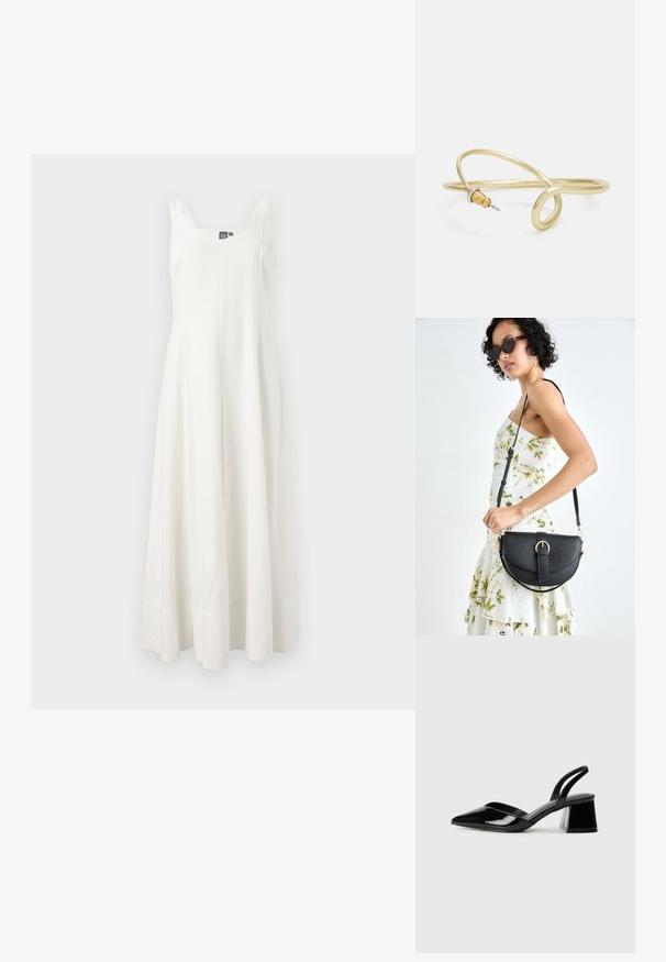 Balta, bez piedurknēm, maksi kleita, kas izgatavota no viegla auduma, ar pieguļošu topu un plūstošu svārku, ar minimālisma dizainu un bez redzamām rakstām.; Melna lakota āda ar atvērto papēdi, ar smailu purngalu un ģeometrisku blokpapēdi. Iezīmējas elegants, minimāls dizains un gluda tekstūra.; Melnas ādas rokassoma ar izliekta formu, noņemamu siksnu un zelta aksesuāriem. Somai ir vāciņš ar sprādzes detaļu.; Zelta krāsas metāla aproce ar šķidrām, viļņveidīgām formām. Vienā galā ir neliels, izteikts sudraba krāsas akcents.