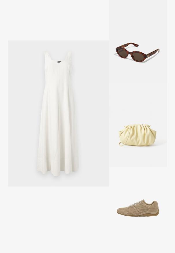 Valkoinen, hihaton maksimekko, joka on valmistettu kevyestä kankaasta. Mekossa on istuva yläosa ja valuva helma, minimalistinen muotoilu ja ei näkyviä kuvioita.; Beige mokkanahka sneaker, jossa on matala profiili, teksturoitu pinta ja valkoiset nauhat. Ominaisuuksiin kuuluu kaareva muotoilu ja kumipohja pidon takaamiseksi.; Kilpikonnakuosiset aurinkolasit pyöreillä sangoilla, tummat linssit ja kultaiset logodetaljit sangoissa. Sujuva muovimateriaali, ei näkyviä kuvioita.; Keltainen pleidattu käsilaukku, joka on valmistettu sileästä keinonahasta. Laukussa on pehmeä muoto, yksittäinen olkahihna ja rypytetty yläosa.