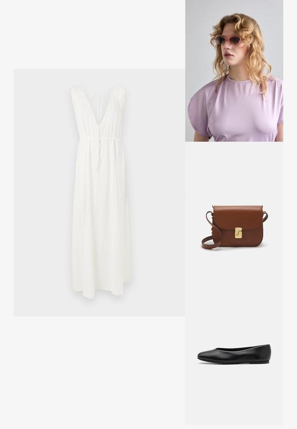 Weißes Maxikleid mit tiefem V-Ausschnitt, ärmellosem Design und verstellbarem Rückengurt. Hat eine lockere Passform und strukturierter Webstoff.; Paul Smith TOPANGA - Klassischer Ballerina - black; Rosatönte Sonnenbrillen mit geometrischem Rahmen, kombiniert mit einem weichen Lavendeloberteil mit rundem Ausschnitt und kurzen Ärmeln.; Braune Ledertasche mit Klappenverschluss, Beschlägen in Goldfarbe, einem Schultergurt und einer glatten Oberfläche. Kompakte rechteckige Form.