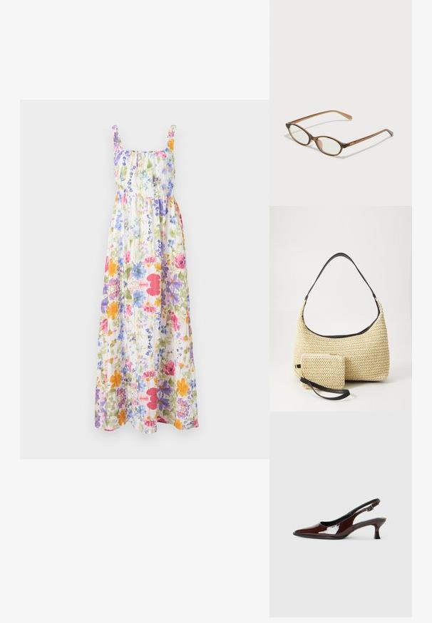 Gėlėta maksi suknelė su elastinga apykakle ir petnešomis, puošta ryškiomis gėlėmis ant šviesaus fono. Plaukiantis audinys, laisvo kirpimo.; Rudos lakuoti odiniai slingback batai su smailiu pirštu ir vidutinio aukščio kulnu. Yra sagties dirželis, užtikrinantis tvirtą prigludimą. Lygus paviršius.; Rudos aukso dėklai su ovaliais lęšiais, plonomis kojelėmis ir skaidriais akcentais. Ant šventyklos yra subtilus logotipas. Plonas, lengvas dizainas.; Austo pynimo šiaudinio rankinio krepšio su kreiviu siluetu, su glotnia juoda odine rankena ir atitinkamu mažu maišeliu, pritvirtintu prie riešo juostos.