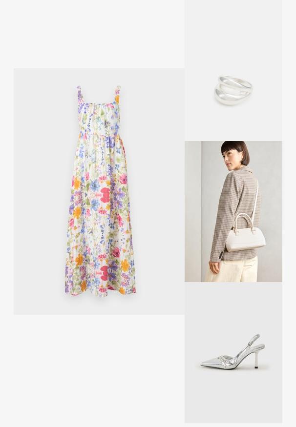 Kvetinové maxi šaty s elastickým výstrihom a ramienkami, s farebnými kvetmi na svetlom pozadí. Príjemný a voľný strih, prekypujúci látka.; Strieborné slingback lodičky na vysokom opätku s špicatou špičkou, metalickým povrchom, dvoma dekoratívnymi pruhmi a štíhlym opätkom s čiernym hrotom.; Biela štruktúrovaná kabelka s krátkymi rúčkami a ramenným popruhom, s zlatými kovovými prvkami a textúrovaným materiálom, vystavená na šedom pozadí.; Strieborný prsteň s dvojitým pásikom s hladkým, lesklým povrchom. Má plynulý, zakrivený dizajn s prekryvajúcimi sa časťami pre moderný vzhľad.