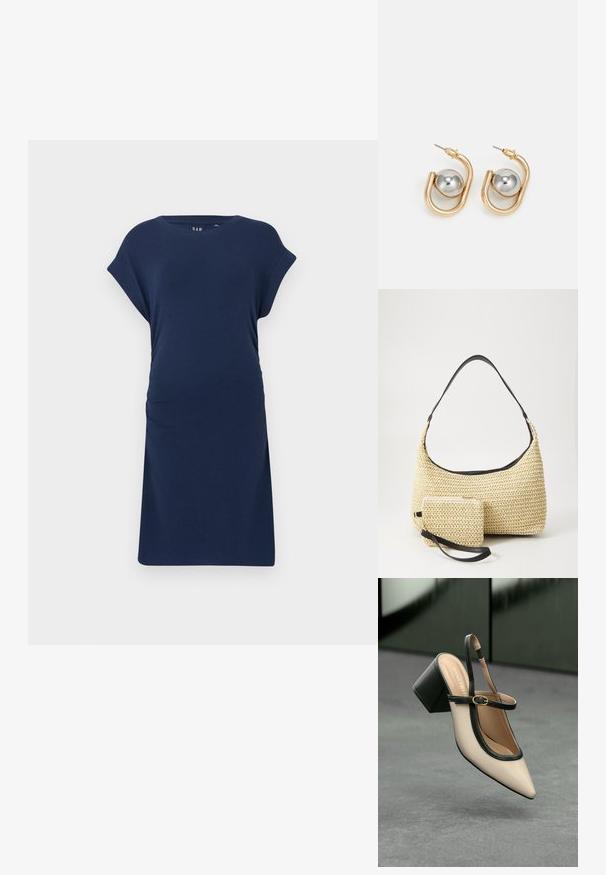 Robe de maternité bleu marine en tissu doux, avec des manches courtes, un col rond et des fronces sur les côtés pour un ajustement.; Escarpin beige à bout pointu et bride arrière, avec des finitions noires, une boucle dorée et un talon bloc épais, posé sur un sol gris avec un fond vert foncé.; Sac à main en paille tissée avec une silhouette courbée, doté d'une bandoulière en cuir noir lisse et d'une petite pochette assortie attachée par une sangle pour le poignet.; Boucles d'oreilles dorées avec un design incurvé, semblable à un anneau, mettant en avant un accent sphérique argenté. Fini en métal poli, fermoir à tige.