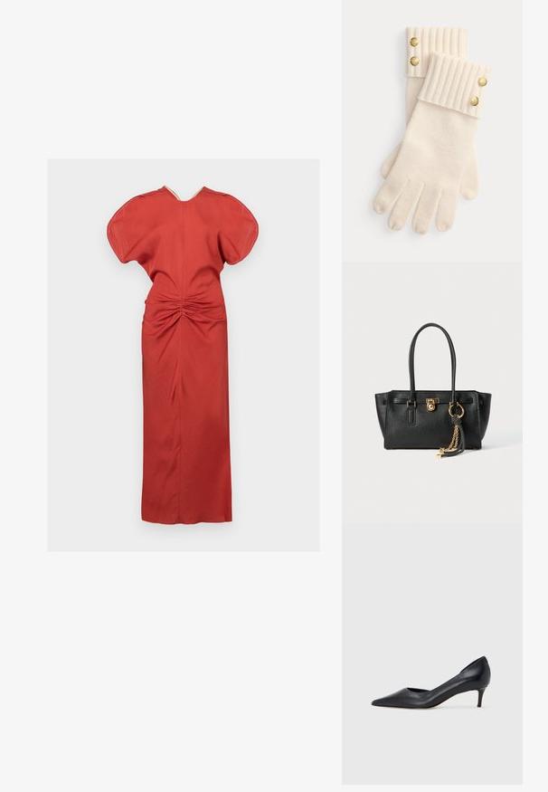 Rochie roșie cu o formă structurată, mâneci scurte late și detalii pliate la spate. Fabricată dintr-un material texturat, cu un design până la podea.; Pantof din piele neagră, cu vârf ascuțit și toc mic. Are o textură netedă și un luciu subtil. Decupaj deschis în partea din față pentru un detaliu suplimentar.; Geantă de mână din piele neagră cu mânere duble, lacăt aurit și detalii cu lanț, împreună cu un accesoriu cu ciucuri alb-negru, pe fond alb.; Mănuși din lână de culoare crem cu manșete texturate, având fiecare câte două butoane decorative aurii în vârful manșetelor. Textură moale cu deschideri pentru degete.
