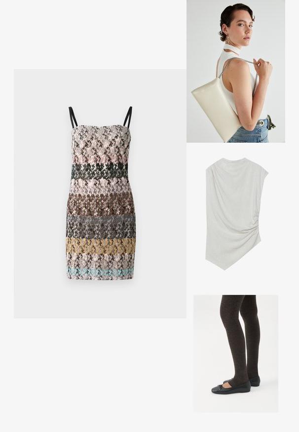 Csipkés ruha állítható fekete pántokkal, több színű virágmintával, rózsaszín, zöld, barna és sárga árnyalatokban. Rövid fazon.; Világos bézs felső, kerek nyakkivágással, aszimmetrikus aljú és az egyik oldalon gyűrt részletekkel. Puha, texturált anyagból készült.; Fekete lapos cipők kis masni díszítéssel az orrán, sötétbarna bordázott harisnyával párosítva. A cipők sima textúrával és alacsony profilúak.; Fehér, téglalap alakú, fényes anyagból készült clutch táska, ezüst láncos pánttal. A modell pózol, bemutatva a táskát egy egyszínű háttér előtt.