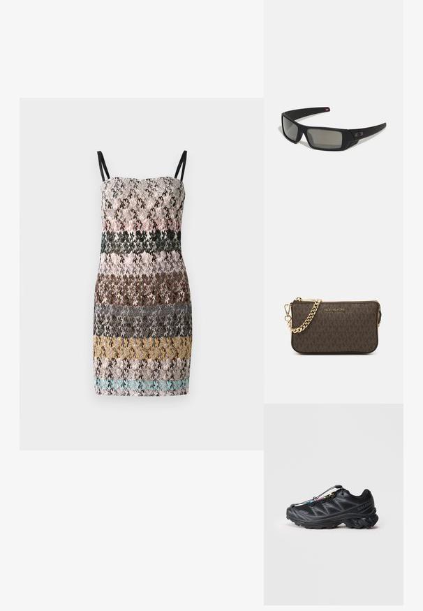 Mežģīņu kleita ar regulējamām melnām siksnām, kas rotāta ar daudzkrāsainu ziedu rakstu rozā, zaļā, brūnā un dzeltenā krāsā. Īsa griezuma.; Melna sporta kurpe ar teksturētu sietu augšdaļu, pastiprinātu purngali, un ātru savilkšanas sistēmu. Iezīmējas ar izturīgu zoli un vieglu papēža pacelšanos.; Melni saulesbrilles ar matētu apdari, taisnstūra lēcām, nedaudz izliektiem tempļiem, smalkiem logotipa elementiem un dūmu nokrāsas lēcām.; Brūna ādas plecu soma ar logo rakstu, zelta ķēdes siksniņu, rāvējslēdzēja aizdari un zelta aparatūras akcentiem. Kompakta un taisnstūra forma.