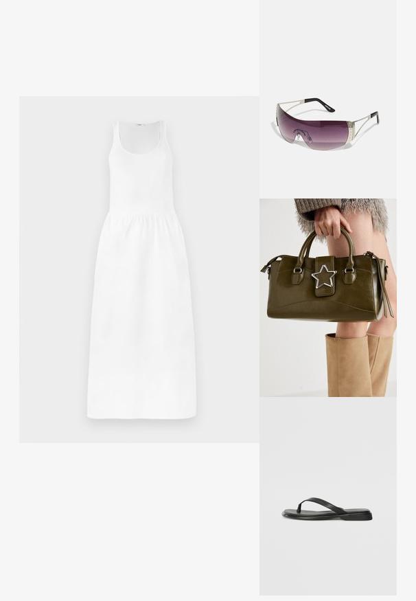Biely maxi šaty s bezrukávovým strihom, okrúhlym výstrihom, zúženým pásom a splývavou sukňou. Vyrobené z ľahkého materiálu.; Čierne šľapky vyrobené z hladkej kože, s tenkým pásikom a plochou podrážkou s minimalistickým profilom. Bez výrazných vzorov alebo akcentov.; Slnečné okuliare s veľkým, zaobleným purpurovým sklom, striebornými kovovými akcentmi a čiernymi stranami so značkou. Na ráme sú viditeľné textúrované detaily.; Olive zelená kabelka z faux kože s striebornou hviezdou, dvojitými uchami a zipsovým uzáverom. Textúrovaný povrch a štruktúrovaný tvar.