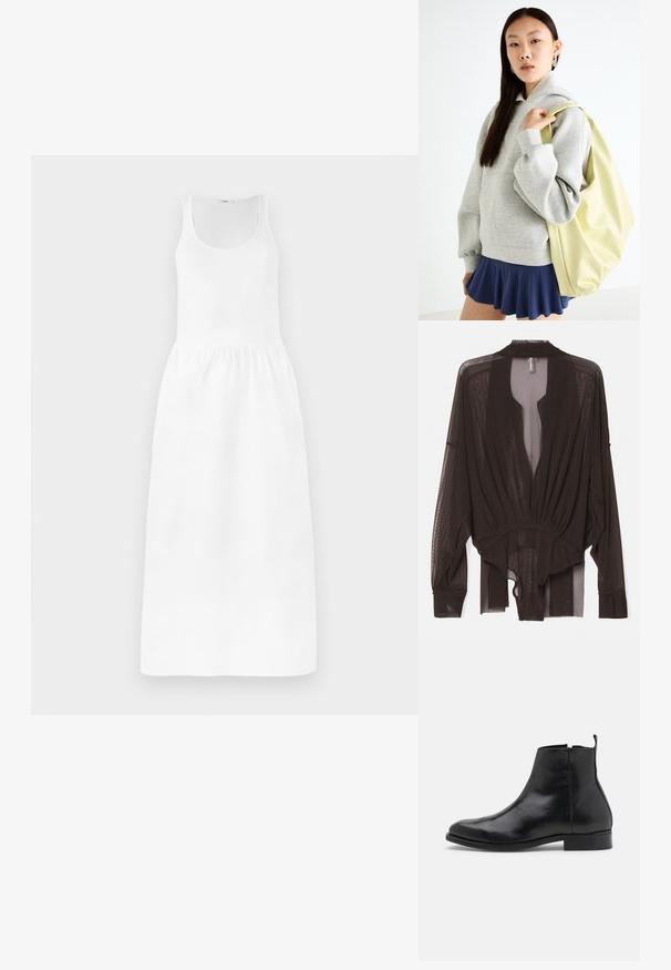 Bela maksi obleka s brezrokavnim dizajnom, okroglo ovratnikom, zategnjenim pasom in tekočo krilo. Narejena iz lahkega blaga.; Črna prosojna bluzica z dolgimi rokavi, z gubanim pasom in odprtim sprednjim delom. Lahkotna tkanina z gladko teksturo in tekočo silhueto.; Zign LEATHER - Klasični gležnjarji - black; Siva prevelika kapuca s kenguru žepom, uparena s mornarsko plavom suknjom s volanima. Dodatak: veliki svijetložuti ruksak, glatke teksture.