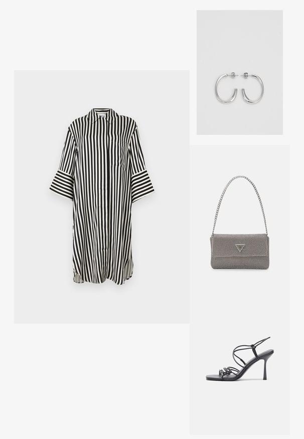 Mustavalkoinen raitapaita, jossa on kaulus, pitkät hihat, rintatasku ja sivurei'ät alahelmassa. Silkkisen sileä kankaan tekstuuri.; Mustat korkokengät sandaalit, joissa on ohuet hihnat solmittuna, sileä neliön muotoinen varvasosa ja tyylikäs stiletto-korko.; Vaalea harmaa metallinen käsilaukku, jossa on ketjusanka. Laukku on koristeltu pienillä pyöreillä metallikoruilla ja kolmion muotoisella brändilogolla.; Hopehopeet hopehopeet hopehopeet hopehopeet, jolla on sileä, kiiltävä pinta. Pyöreä muoto, kevyt rakenne, jossa on neulakiinnitys.