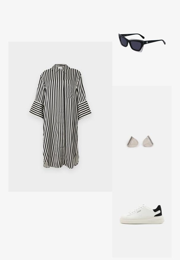 Svart og hvit stripete skjorte med krage, lange armer, brystlomme og sidespalter nederst. Glatt tekstur.; Hvite lær sneakers med tykk hvit såle, svart semsket hælforsterkning og preget logo på siden. Snøresystem med seks hull.; Store svarte solbriller i overdimensjonert størrelse med geometrisk form, med mørke linser og en kontrasterende grå detalj på rammen. Logo på armen.; Sølvmetalløreringer med en jevn, dråpeform og en polert finish. Subtile graveringer legger til detaljer. Minimalistisk design.