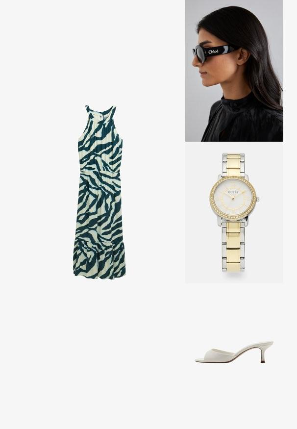Abito midi senza maniche in turchese chiaro con strisce zebrato in turchese scuro. Presenta una vita aderente e un orlo a balze svasato. Realizzato in tessuto leggero.; Mule con tacco alto, aperti davanti e di colore bianco, con una finitura liscia, design minimalista e tacco slanciato, caratterizzati da un sottile accento marrone sulla suola.; Occhiali da sole neri con lenti rotonde e montatura bold e angolare, con il marchio "Chloé" in bianco sul lato. Finitura liscia e lucida.; Orologio rotondo in acciaio inossidabile con bracciale in maglia metallica argento e oro. Il quadrante bianco presenta dettagli dorati e una lunetta ornata di cristalli.