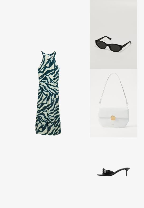 Ärmeloses midikleid i lys teal med mørke teal zebra-striber. Har en tætsiddende talje og flæser nederst. Lavet af letvægtsstof.; Sorte læder slip-on mules med en sløjfe accent, åben tå og en slank høj hæl. Glat tekstur og minimalistisk design.; Sorte solbriller med en smal, katteøjeform. Fremstillet af glat plast, med mørke linser og diskrete logo accenter på stængerne.; Hvid læder skuldertaske med en geometrisk guldklap, flad design og en forlænget rem. Har rene linjer og poleret overflade.