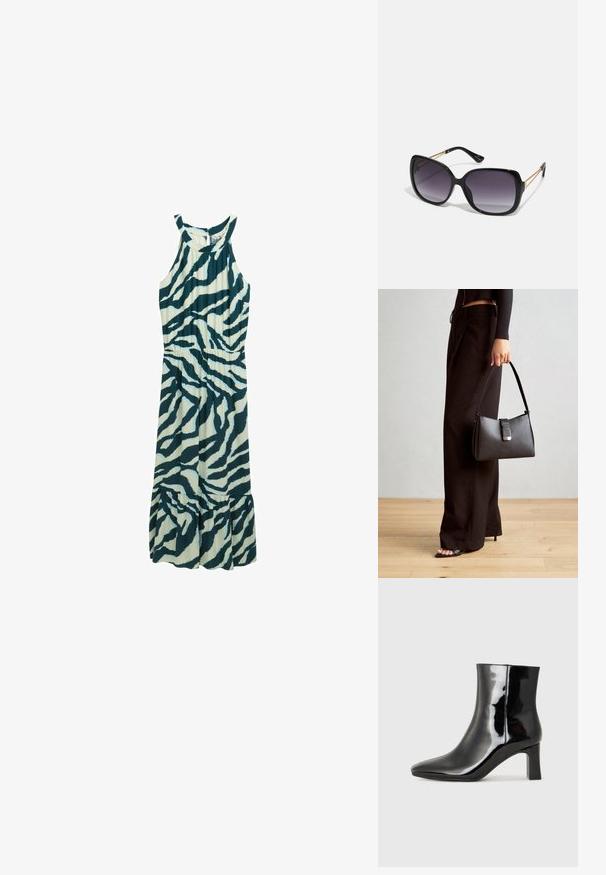 Midska obleka brez rokavov v svetleči teal barvi z temno teal zebrastimi črtami. Ima ožji pas in razširjen nabran rob. Narejena je iz lahkotnega materiala.; Črne lakirane gležnjarje z ošiljenim nosom in srednje visokim blokastim peto. Gladka tekstura in minimalističen dizajn.; Črne prevelike sončne očala z degradacijskimi lečami, debelimi okvirji in zlatimi verižicami na ročajih.; Črna torbica z strukturirano obliko, gladko teksturo in kovinskim zaponko. Ujemajo se z širokimi črnimi hlačami in odprtimi sandali na lesenem tleh.