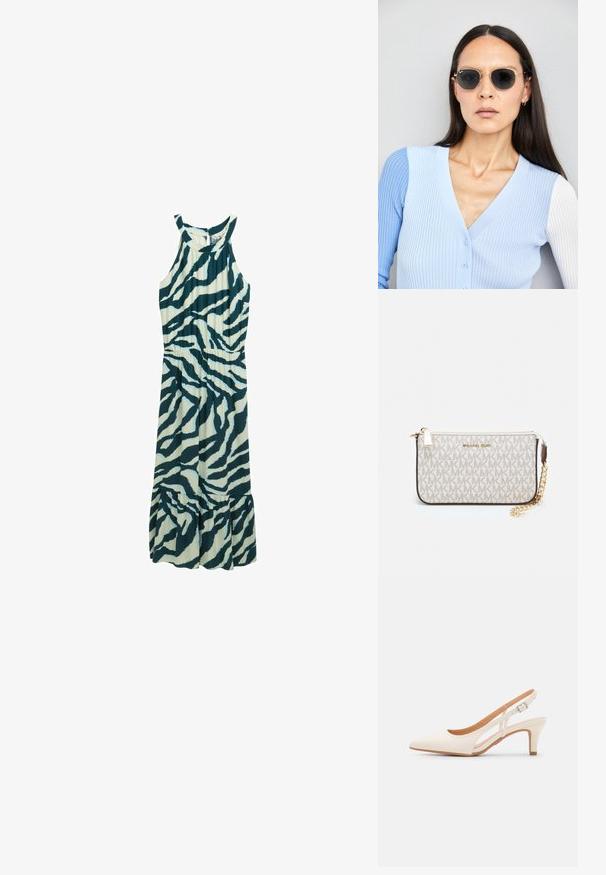 Mouwloze midi-jurk in lichtblauwgroen met donkerblauwe zebra-strepen. Heeft een getailleerde taille en een uitlopende, gerimpelde zoom. Gemaakt van lichtgewicht stof.; Witte slingback hak met een spitse neus, glad bovenmateriaal, lage blokhak en een design met uitsparingen aan de zijkant, voorzien van een verstelbare gespsluiting.; Ronde zonnebrillen met donkere glazen en gouden montuur. Het model draagt een lichtblauwe, geribbelde cardigan met knopen en contrasterende witte mouwen.; Michael Kors polsbandje in beige gecoate canvas met een herhaald MK-logo patroon, gouden hardware en een afneembare kettingriem.