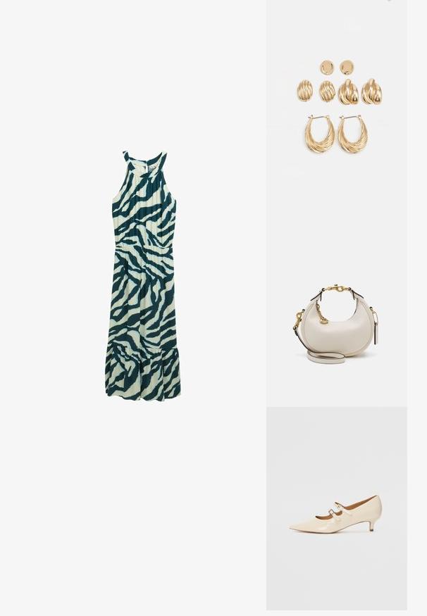 Soevaba midi kleit helerohelises toonis, millel on tumeroheline zebra mustriga. Omab kitsast vööd ja laienevat volangi äärt. Valmistatud kergetest materjalidest.; Beige lakknahkse Mary Jane kingad kahe reguleeritava pandlaga, terava varbaga ja madala kontsaga. Sile tekstuur läikiva viimistlusega.; Kreemist nahast kott poolkuu kujuga, kullast riistvara, mustad aktsendid ja eemaldatav rihm. Omab kettidekoori ja sildiga. ; Kuldtoonides kõrvarõngaste komplekt, mis sisaldab kolm paari: tekstureeritud ovaalsed kinnised, lainelise disainiga kinnised ja suured rõngaskõrvarõngad, millel on kihilised sooned.