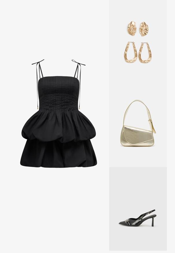 Melna kleita ar plecu aizdari, regulējamām saites siksnām un slāņainu, volānu apakšmalu. Izgatavota no gluda auduma ar strukturētu siluetu.; Melnā patentēta ādas sandale ar norādītu purngalu, potītes siksniņām ar sudraba sprādzēm un aparatūru, kā arī smalku papēdi.; Zelta metāla somiņa ar strukturētu dizainu, gludu tekstūru un regulējamu siksniņu. Iezīmējas ar unikālu trīsstūrveida formu un minimālistisku šuvumu.; Zelta krāsas auskari ar teksturētām, viļņotām formām. Iekļauts skulpturāls piespraužams modelis un atvērta gredzenveida konstrukcija ar izsistām virsmām.