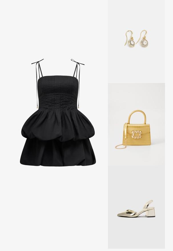 Čierne šaty s plisovaným korzetom, nastaviteľnými šnúrkami na ramienkach a vrstveným, volánkovým lemom. Vyrobené z hladkej tkaniny s pevnou siluetou.; Zlaté kovové lodičky na podpätku so špicatou špičkou a robustným podpätkom. Hladký povrch, minimalistický dizajn a úzka remienok.; Žltá falošná krokodília kabelka so štruktúrovaným dizajnom, horným držadlom, odnímateľným reťazovým popruhom a dekoratívnym kryštálovým ozdobením na zapínaní.; Náušnice zlatého odtieňa s oválnymi čírymi kryštáli obklopenými menšími čírými kameňmi, s háčikovým dizajnom pre bezpečné nosenie.