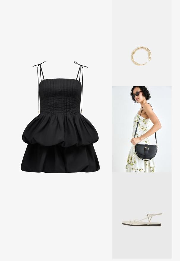 Juodas suknelė su klostuotu korpusu, reguliuojamomis raištelėmis ir daugiasluoksne, volanju hemline. Pagaminta iš lygaus audinio su struktūrizuota siluetu.; Bežiniai plokšti sandalai su keliais lieknais dirželiais ir reguliuojamu užsegimu. Padas plokščias, su lengvu tamsiu kontrastu krašte.; Juodas odinis krepšys su išlenkta forma, nuimamu dirželiu ir auksiniais detalėmis. Krepšys turi kilpą su sagtimi.; Auksinės spalvos žiedas, turintis organišką, sukimosi dizainą su lygiu paviršiumi ir siaurėjančiais galais, sukuriantis modernią skulptūrinę išvaizdą.