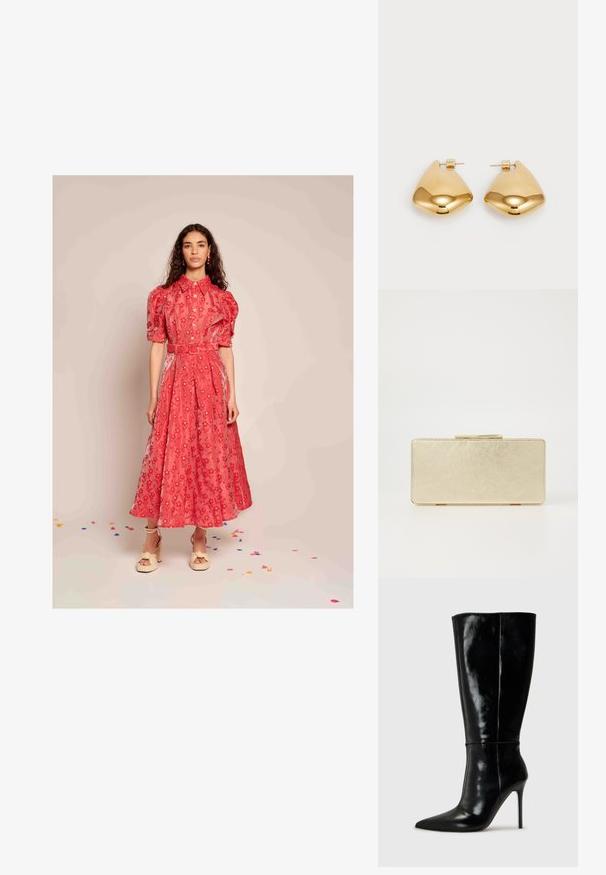 Kvinna med långt lockigt hår iförd en röd blommig midi-klänning med puffärmar, ett bälte, krämfärgade klacksandaler, stående på golv täckt av konfetti.; Svarta läderknähöga stövlar med spetsig tå och hög stilettklack. Slät textur och elegant design med minimal detaljer.; Guldväska med en jämn metallisk yta, rektangulär form och ett enkelt lås. Ingen synlig mönster eller dekorationer.; Guldtonade metallörhängen med en slät, rundad triangulär form och design med postback; reflekterande yta med minimal detaljering.