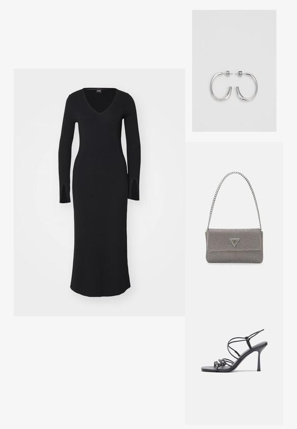 Juodas raukiniai mezgimo suknelė su V formos iškirpte, prigludusia kūno dalimi, ilgomis rankovėmis ir šoninėmis plyšiais. Grindų ilgumo, glotni tekstūra, minimalistinis dizainas.; Juodos aukštakulnės sandalai pasižymi plonyčiais dirželiais su mazgo dizainu, lygiu kvadratiniu pirštu ir elegantišku stiletto kulnu.; Šviesiai pilka metalinė rankinė su grandinėlės dirželiu, papuošta mažais apvaliais metaliniais smeigėmis ir trikampiu prekės ženklu.; Sidabriniai lankelio formos auskarai su lygiu, blizgiu paviršiumi, išlenktos formos ir su užsegimu. Minimalistinio dizaino su moderniu apdaila.