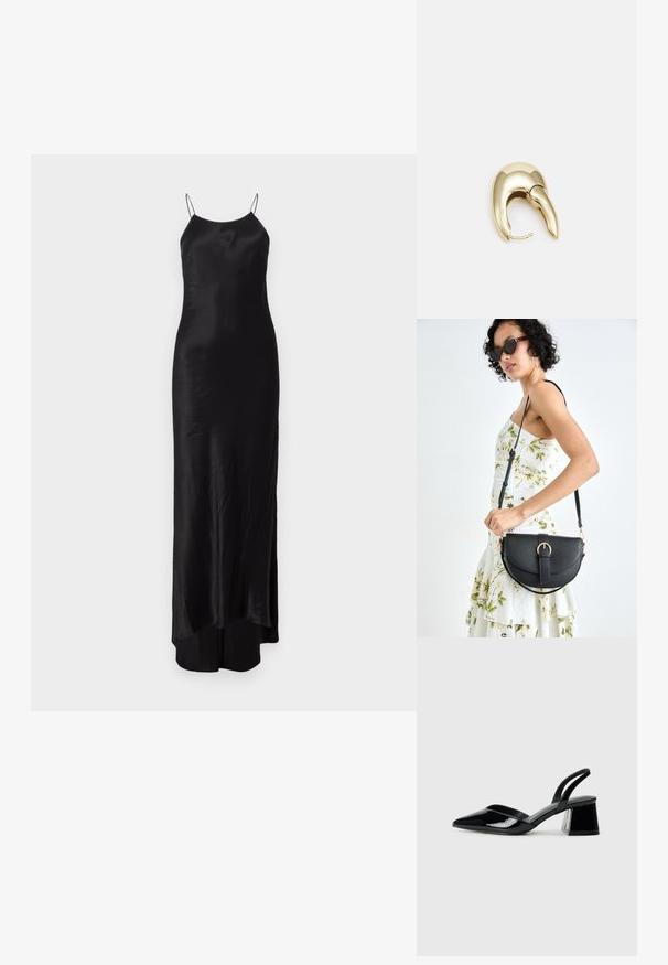 Svart satin maxikjole med tynne spaghettistropper, en tettsittende silhuett og en sidesprett. Glatt tekstur med en subtil glans.; Svarte patentlær slingback hæler med spiss tå og geometrisk blokk hæl. Har et stilrent, minimalistisk design og jevn tekstur.; Svart lærveske med en buet form, avtagbar stropp og gullbeslag. Vesken har et klaff med spenne-detall.; Gullfarget metalløredobber med et elegant, buet design. Har en karakteristisk spiss form, polert overflate og hengsel-lukking.