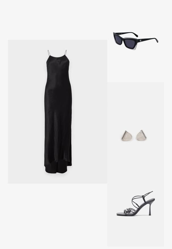 Black satin maxi dress with thin spaghetti straps, a fitted silhouette, and a side slit. Smooth texture with a subtle sheen.; Black high-heeled sandals feature thin straps with a knotted design, a smooth square toe, and a sleek stiletto heel.; Black oversized sunglasses with a geometric shape, featuring dark lenses and a contrasting grey detail on the frame. Logo on the arm.; Silver metal earrings with a smooth, teardrop shape and a polished finish. Subtle engravings add detail. Minimalist design.