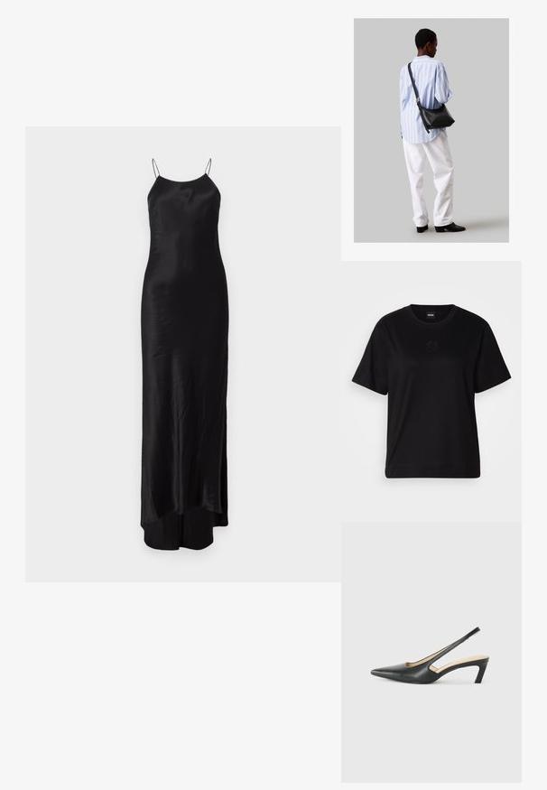 Černé saténové maxi šaty s tenkými ramínky, přiléhavým střihem a postranním rozparkem. Hladká textura s jemným leskem.; Černé bavlněné tričko s kulatým výstřihem, krátkými rukávy a vyšitým logem na hrudi. Jednoduchý, volný střih bez vzorů.; Černý špičatý slingback s nízkým podpatkem, vyrobený z hladké kůže, s výřezem na boku pro lepší prodyšnost.; Černá kožená kabelka přes rameno s jemnou texturou, trojúhelníkovým tvarem a nastavitelným popruhem, v kombinaci se světle modrou pruhovanou košilí a bílými kalhotami.