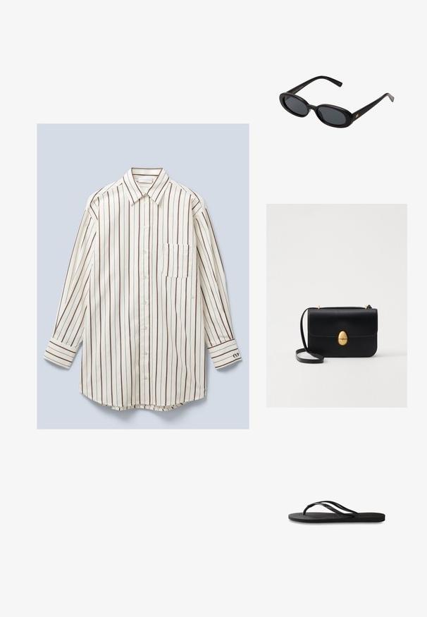 Camisa de manga longa e fecho de botões, feita de tecido leve, com riscas verticais brancas e castanhas, um bolso no peito e punhos com botão.; Chinelo preto com sola de borracha texturizada, duas tiras finas e um detalhe de logotipo discreto em relevo na tira.; Óculos de sol pretos oversized com lentes ovais, armação de plástico suave e detalhes em dourado nas hastes. As lentes escuras oferecem proteção solar.; Bolsa de mão em couro preto com uma forma rectangular estruturada. Apresenta um fecho oval dourado e uma alça para o ombro fina. Textura suave.