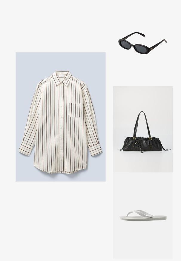Langärmliges, knopfbares Hemd aus leichtem Stoff, mit vertikalen weißen und braunen Streifen, einer Brusttasche und geknöpften Manschetten.; Weiße Flip-Flops mit einer strukturierten Sohle und zwei schmalen Riemen. Die Riemen sind glatt mit dezentem Branding. Keine Muster oder zusätzlichen Akzente.; Schwarze, oversized Sonnenbrillen mit ovalen Gläsern, glattem Kunststoffrahmen und goldenen Akzenten an den Bügeln. Die dunklen Gläser bieten Sonnenschutz.; Schwarze Lederhandtasche mit gerafftem Oberteil, zwei Schulterriemen, goldfarbener Hardware und einem zentralen runden Akzent. Glatte Textur, kompakte Form.