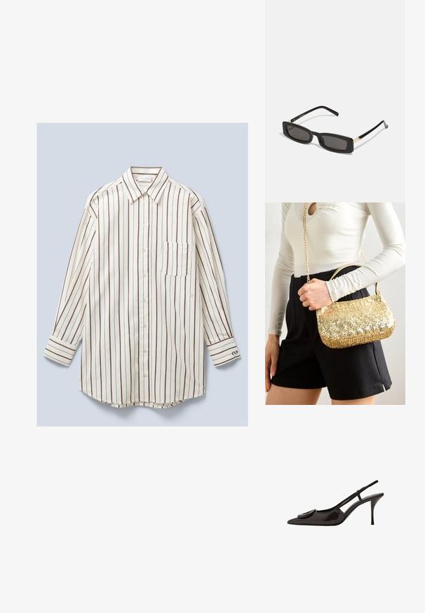 Koszula z długim rękawem zapinana na guziki, wykonana z lekkiego materiału, z pionowymi białymi i brązowymi paskami, kieszonką na piersi oraz zapinanymi mankietami.; Czarna, lakierowana na wysoki połysk, sandałowa szpilka z ostrym noskiem, minimalistycznym wzornictwem, małym okrągłym akcentem na przodzie buta oraz smukłym obcasem.; Czarnie prostokątne okulary przeciwsłoneczne z ciemnymi soczewkami, błyszczącymi plastikowymi oprawkami i złotymi akcentami na zausznikach. Minimalistyczny design i smukły kształt.; Złota torebka z cekinami o prostokątnym kształcie, z krótkim uchwytem i długim łańcuszkiem. Tekstura jest błyszcząca i odbijająca światło.