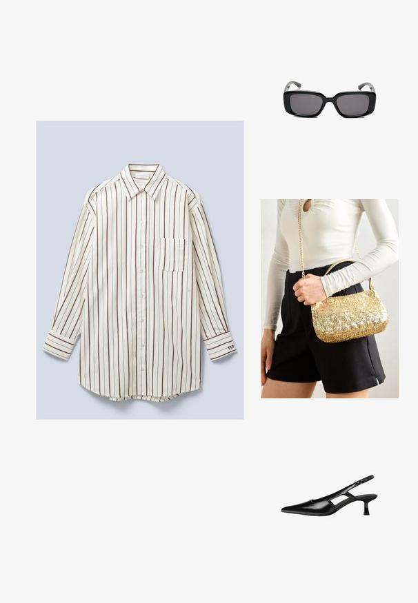 Camicia a maniche lunghe, con bottoni, realizzata in tessuto leggero, caratterizzata da strisce verticali bianche e marroni, una tasca sul petto e polsini con bottoni.; Tacchi slingback in pelle verniciata nera con punta affusolata, design con tagli laterali e tacco quadrato piccolo. Texture liscia con dettagli minimi.; Occhiali da sole neri rettangolari con lenti scure, montatura in plastica liscia e tempie curve. Il design è voluminoso con un'estetica minimalista.; Borsa a tracolla dorata con paillettes, di forma rettangolare, dotata di un manico corto e di una lunga tracolla in catena. La texture è lucida e riflettente.