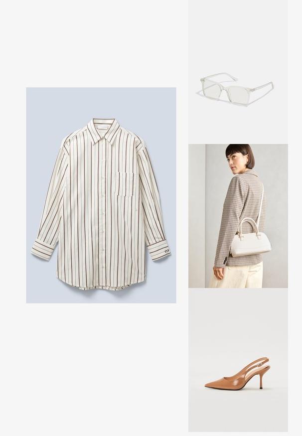 Ilgi piedurkņu, pogu krekls no viegla auduma, ar vertikālām baltām un brūnām svītrām, krūšu kabatu un pogātām aprocēm.; Izteikts pirksta siksnas zābaks, izgatavots no gludas, spīdīgas brūnas materiāla. Piedāvā izliekta izgriezuma dizainu un smalku stiletto papēdi. Sudraba sprādze.; Caursplūstošas kvadrātveida brillēs ar caurspīdīgiem lēcām, ar zelta akcentiem uz tempļiem, lai pievienotu detaļas.; Balta strukturēta roku soma ar īsām rokturiem un plecu siksnu, ar zelta aparatūras akcentiem un strukturētu materiālu, izstādīta uz pelēka fona.