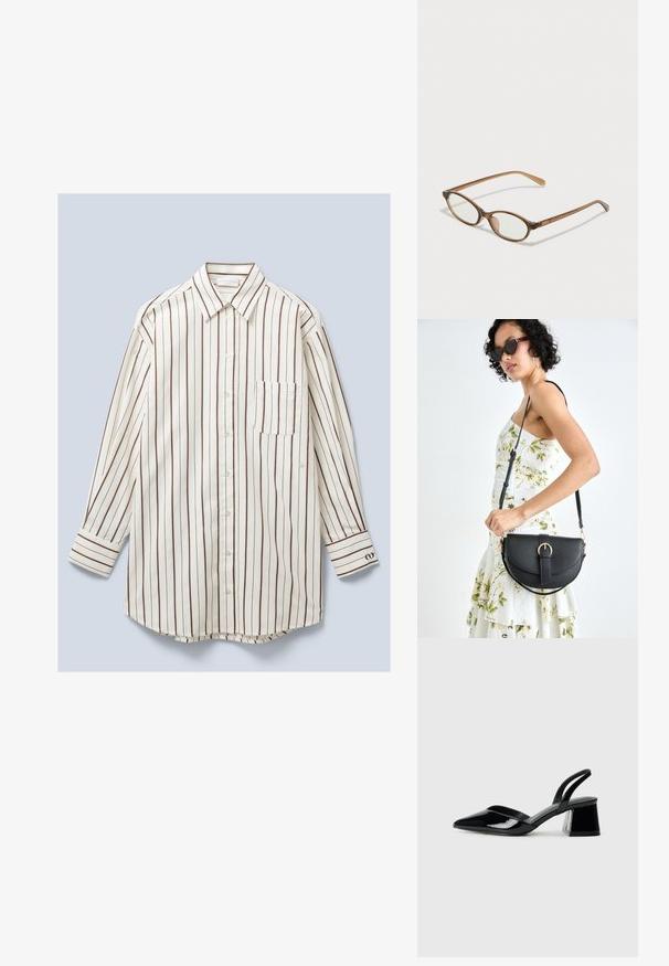 Pitkähihaiseta napitettava paita, joka on valmistettu kevyestä kankaasta. Paidassa on pystysuorat valkoiset ja ruskeat raidat, rintatasku ja napitettavat hihansuut.; Mustat patentoitu nahkakengät, joissa on säären takaosa ja terävä kärki, sekä geometrinen palikkakorko. Sisältää tyylikkään, minimalistisen muotoilun ja sileän pinnan.; Ruskeat kilpikonnaruutulasiset silmälasit, joissa ovaalit linssit, ohuet varret ja läpinäkyvät yksityiskohdat. Temppeleissä on huomaamaton logo. Suunnittelultaan suora ja kevyt.; Musta nahkainen käsilaukku, joka on kaareva muotoilultaan, irrotettavalla hihnalla ja kultaisilla yksityiskohdilla. Laukussa on läppä, jossa on solk yksityiskohta.