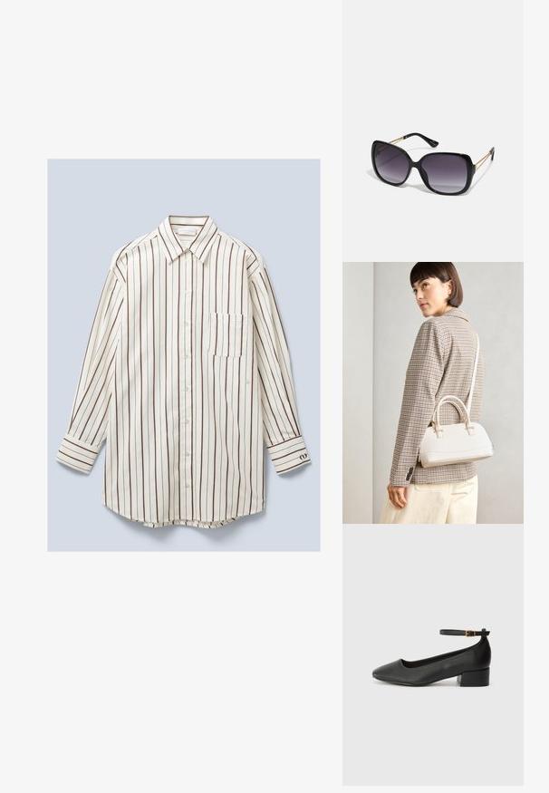 Hosszú ujjú, gombos ing, könnyű anyagból készült, függőleges fehér és barna csíkokkal, mellkasi zsebbel és gombbal záródó mandzsettákkal.; Fekete bőr magassarkú cipő hegyes orral és alacsony tömb sarkal. Bokapánttal rendelkezik, aranyszínű csattal. Simább textúra.; Fekete, oversize napszemüveg fokozatos árnyalatú lencsékkel, vastag kerettel és arany színű lánc díszítéssel a szárakon.; Fehér, strukturált kézitáska rövid füllel és vállpánttal, arany színű fém kiegészítőkkel és texturált anyagból, szürke háttér előtt bemutatva.