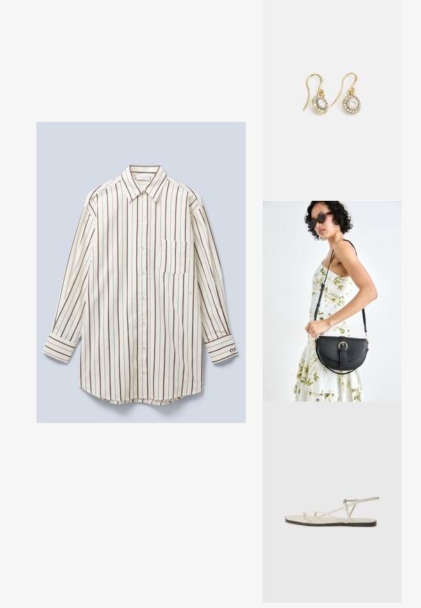 Langærmet skjorte med knapper lavet af letvægtsstof, der har lodrette hvide og brune striber, en brystlomme og knapmanchetter.; Beige flad sandal med flere slanke stropper og en justerbar spænde. Sålen er flad med en let mørkere kontrast ved kanten.; Sort læderhåndtaske med en buet form, aftagelig rem og guldfinish. Tasken har en klap med en spænde detalje.; Guldtonede øreringe med ovalformede klare krystaller omgivet af mindre klare sten, med et krogdesign for sikker bæring.