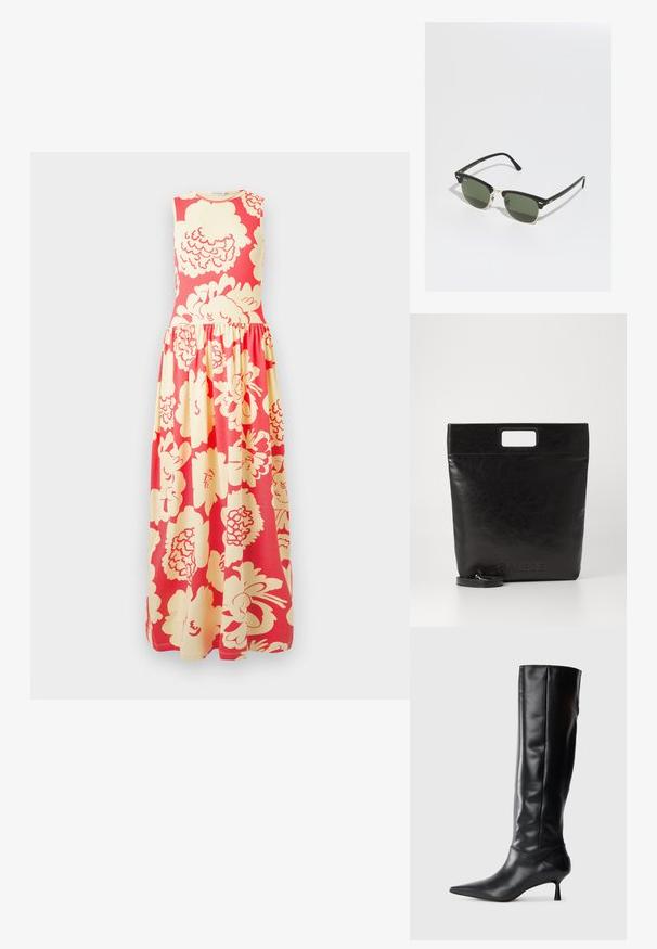 Sukienka maxi bez rękawów z dopasowanym gorsetem i marszczonym dołem, zdobiona dużym kremowym kwiatowym wzorem na jasnym koralowym tle.; Czarne skórzane kozaki sięgające do kolana z ostrym noskiem i smukłym, zakrzywionym obcasem. Gładka tekstura, dopasowany krój i brak widocznych elementów ozdobnych lub wzorów.; Czarno-złote okulary przeciwsłoneczne z zielonymi soczewkami w kształcie kocich oczu, z metalowymi akcentami i teksturowaną oprawką.; Czarna skórzana torba na ramię z kwadratowym uchwytem, z teksturowanym wykończeniem i wytłoczonym logo. Zawiera odpinany pasek.