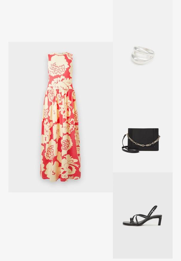 Sukienka maxi bez rękawów z dopasowanym gorsetem i marszczonym dołem, zdobiona dużym kremowym kwiatowym wzorem na jasnym koralowym tle.; Czarne sandały na obcasie z prostokątnym noskiem i niskim słupkowym obcasem. Posiadają wiele cienkich pasków i regulowany pasek na kostkę. Wykonane z gładkiej skóry.; Czarna skórzana torebka typu crossbody z gładką teksturą, prostokątnym kształtem oraz metalowym detalem w postaci łańcuszka z przodu. W zestawie regulowany pasek.; Srebrna obrączka podwójna z gładką, polerowaną powierzchnią. Posiada płynny, zakrzywiony kształt z nakładającymi się sekcjami, co nadaje nowoczesny wygląd.