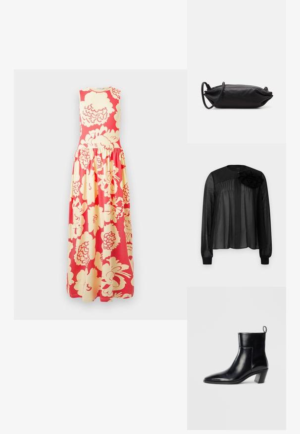 Ermeløs maksikjole med tettsittende overdel og innsamlende skjørt, med et stort kremfarget blomstermønster på en lys korallfarget bakgrunn.; Svart bluse med lange gjennomsiktige ermer, med frontfolder og et lagdelt stoffblomstakcent på venstre skulder. Knappedetalj ved halsen.; Sorte skinn ankle boots med spiss tå, geometrisk stablet hæl og en drasnor bak. Glatt tekstur og elegant design.; Svart lær clutchveske med rektangulær form, glatt tekstur, tynn skulderstropp og minimalistisk design.