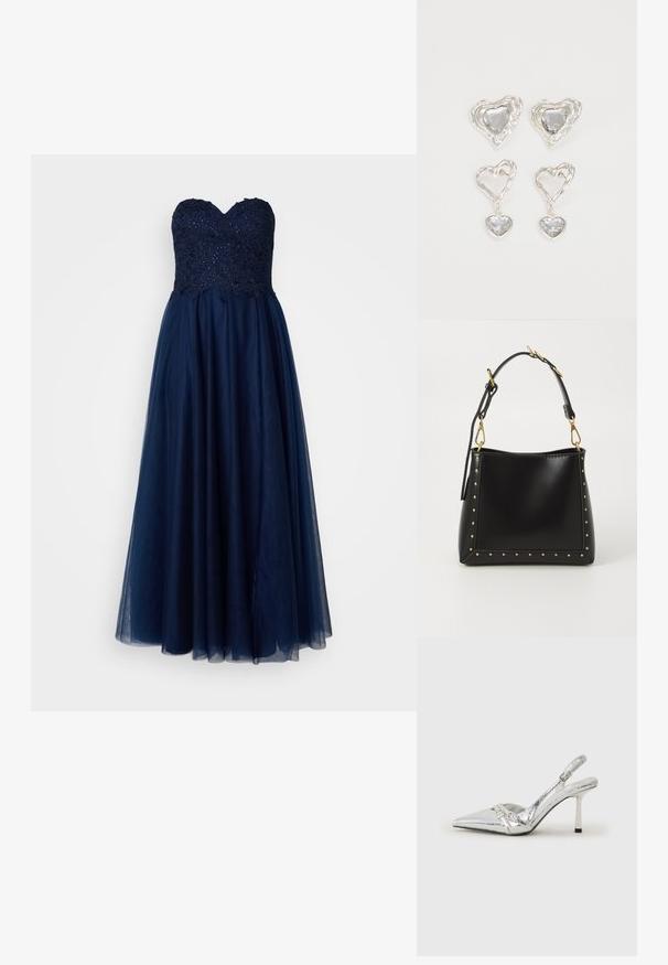Strapless evening gown featuring a navy blue fabric, embellished lace bodice with sequins, and a flowy tulle skirt.; Silver slingback high heel shoe with a pointed toe, metallic finish, two decorative straps, and a slender heel with a black tip.; Black leather handbag with a structured shape, featuring gold studs along the edges and a detachable strap with gold hardware accents.; Silver heart-shaped earrings feature faceted clear stones, with a textured frame. The set includes stud and drop styles.
