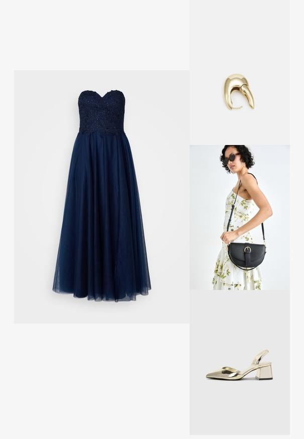 Večerna obleka brez naramnic, ki je izdelana iz mornarsko modrega materiala, z okrasnim čipkastim korzetom s svetlečimi biserčki in rahlo padajočo tila krilo.; Zlati, kovinski slingback čeveljci z ostrim nosom in masivnim peto. Gladka tekstura, minimalistična zasnova in ozka zanka.; Črna usnjena torbica s ukrivljeno obliko, z odstranljivo naramnico in zlatimi dodatki. Torbica ima pokrov s podrobnostmi v obliki zaponke.; Uhane nakit iz zlatastega tona z gladko, ukrivljeno zasnovo. Ima edinstveno koničasto obliko, polirano površino in zaponko s tečajem.