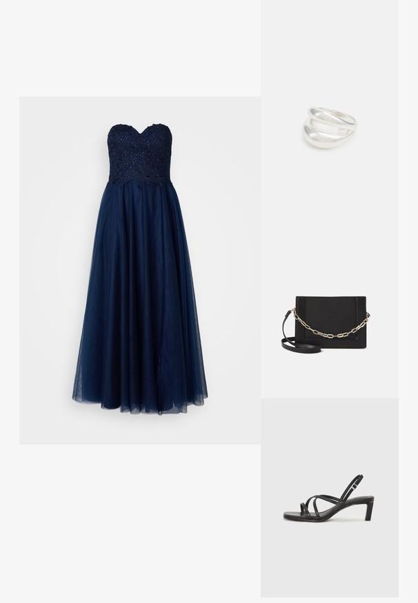 Olkaimeton iltapuku, jossa on laivastonsininen kangas, koristeltu pitsiyläosa, jossa on paljetteja, ja leikkisä tüllihame.; Mustat hihnalligat, joissa on neliön muotoinen kärki ja matala lohkokorko. Ominaisuuksiin kuuluu useita ohuita hihnoja ja säädettävä nilkkahihna. Valmistettu sileästä nahasta.; Musta nahkainen olkalaukku, jossa on sileä pinta, suorakulmainen muoto ja metalliketju yksityiskohtana edessä. Mukana säädettävä hihna.; Hopeinen kaksinkertainen rengas, jossa on sileä, kiillotettu pinta. Siinä on sulava, kaareva muotoilu, jossa on päällekkäisiä osia modernin ilmeen saavuttamiseksi.