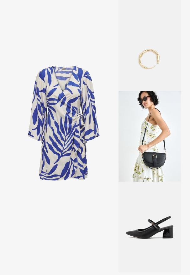Blå och vit omslagsklänning med bladmönster, V-ringning, trekvartslånga ärmar, knyt-detalj på sidan och en svängig silhuett.; Svarta lackläder slingback-klackar med spetsig tå, en rundad utskärning och en blockklack. Utsmyckad med en spänne i guldton.; Svart läderhandväska med en böjd form, avtagbar rem och guldiga detaljer. Väskan har ett lock med en spänndetalj.; Ring i guldutförande med en organisk, vriden design, slät yta och avsmalnande ändar, vilket ger ett modernt, skulpturalt utseende.